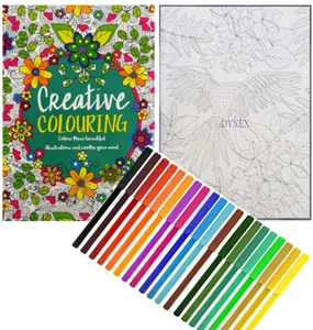 CREATIVE THERAPY - ADULT COLOURING BOOK A4 - ANTI-STRESS + 18 FELT TIPS - Picture 1 of 8