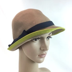 100% Wool Cloche Hat by Hat Attack Tan with Green Trim Black Ribbon Style #5923 - Picture 1 of 6