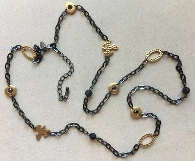 Steampunk Chain Necklace Lia Sophia Gunmetal Gold Dove Hammered Stations 36-38" - Image 1 of 4