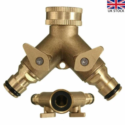 2 Way Brass Garden Hose Pipe Tap Adaptor Twin Hosepipe Connector Splitter Double - Image 1 of 4
