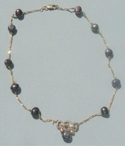 Diamond and pearl 14K gold necklace, chocolate colored fresh water pearls - Picture 1 of 7