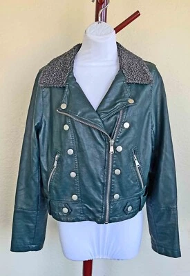 Chaqueta de motociclista Jolt azul marino estilo imitación cuero cremallera con cuello polar L Foto 1 de 4