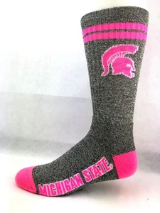 Michigan State Spartans College Pink Two Stripe Heather Gray Crew Socks - Picture 1 of 3