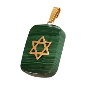 14K Gold Star Of David Pendant Rectangle Shape on Green Stone - 3.93g-25mm H #52 - Picture 1 of 1