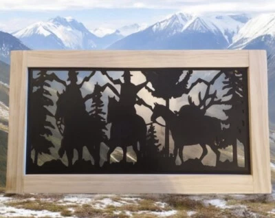 Plasma cut picture. Wood frame. Homemade. 14 gauge metal. 22.5" X 12.5". Black. - Image 1 of 2