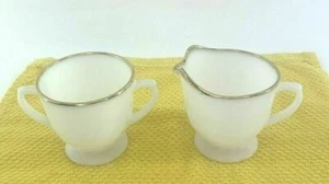 Anchor Hocking Fire King Swirl Milk Glass Gold Rim Cream and Sugar - Picture 1 of 8