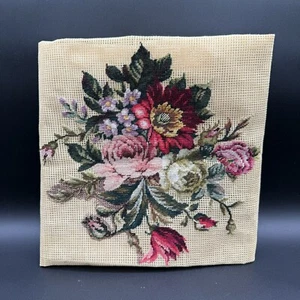 Preworked Red Pink Green Flowers Needlepoint Canvas w/Petit Point 90% Complete - Picture 1 of 7