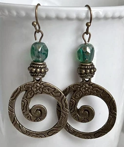 Etched Bronze Wave and Green Dangle Earrings.  Boho Chic. Beach. Surf. - Picture 1 of 4