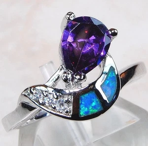 2CT Amethyst & Australian Opal Inlay 925 Solid Sterling Silver Ring Sz 8 AB4 - Picture 1 of 2