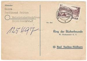 Saarland 1952 MiNr. 324 Bedarfskarte 6F Friedrichsthal nach Bad Sachs Südharz - Bild 1 von 1