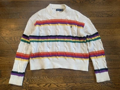 Polo a Ralph Lauren 羊绒羊毛针织彩虹条纹毛衣女式 L 码 — 第 1/4 张图片