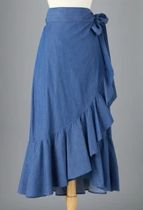 J Peterman Medium Rock Midi 100 % Baumwolle Denim Wickelgürtel Chambray blau - Bild 1 von 10