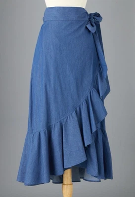 J Peterman Medium Skirt Midi 100% Cotton Denim Wrap Belted Chambray Blue - Image 1 of 4