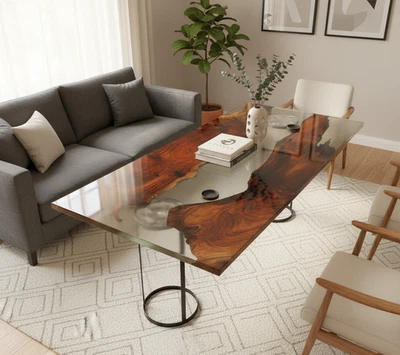 Epoxy Resin River Table Live Edge Acacia Wood Centerpiece Clear Wood Furniture - Image 1 of 4