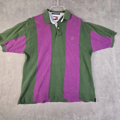 Camisa Polo Tommy Hilfiger Vintage Años 90 Verde y Púrpura Color Bloque L Foto 1 de 4