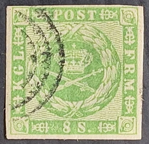 RARE 1855- Denmark 8Sk green Royal Insignia postage stamp used SG18 Cat £190 - Picture 1 of 3