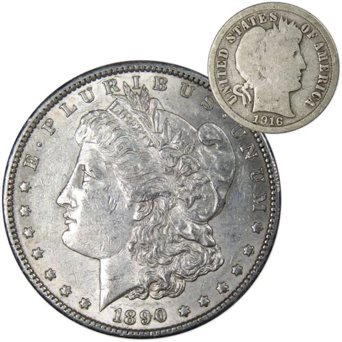 1890 S Morgan Dollar XF EF Extremely Fine with 1916 Barber Dime G Good Cover