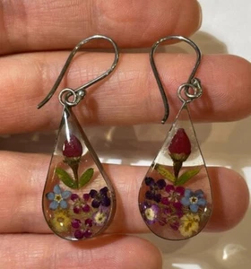Sterling Silver Dried Flower in Acrylic Dangle Teardrop Hook Earrings 9J 3 - Picture 1 of 5