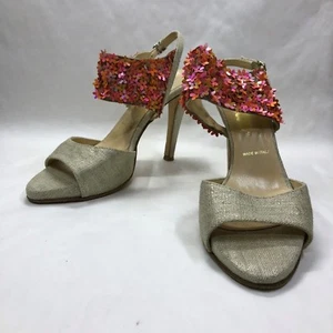 Butter Made in Italy Neutral Slingback Peeptoe Heels w/ Flower Sequins-Sze 6 1/2 - Picture 1 of 8