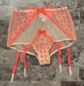 NWT VICTORIA'S SECRET S NEON CORAL POLKA DOT NUDE MESH BOW RARE GARTER PANTIES - Picture 1 of 6