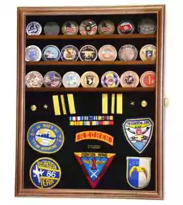 Challenge Coin Display Case Pin Badge Medal Adjustable Shelves Walnut Wood Rack - Picture 1 of 13