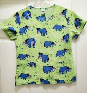 Disney Womens Size S Eeyore Scrub Top Lime and Blue Thanks For You From Me - Picture 1 of 8