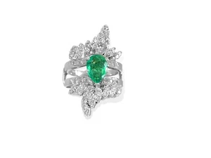 3.56CT Vivid Green Pear Shape Colombian Emerald With Clear CZ Cluster Ring Band - Picture 1 of 8