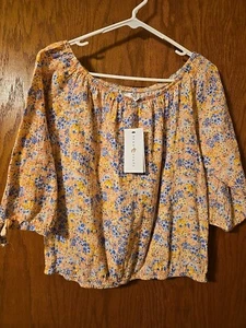 True Craft Peach Blue Floral 3/4 Sleeve Crop Blouse XL NEW w/Tags Belk 100% Ctn - Picture 1 of 6