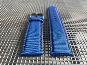 22mm Sky Blue Sailcloth Canvas/Leather watch band strap RED Stitch QR Bars - Picture 1 of 12