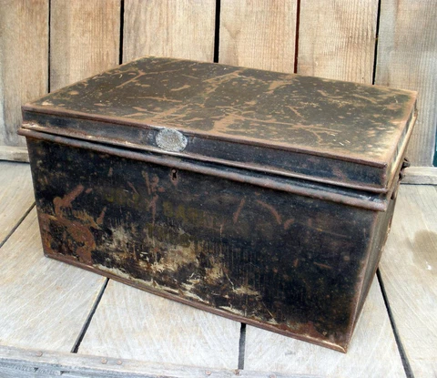 Antique CHALMERS & TOSH Rustic Metal Trunk Vintage John Barker's Chest Scotland Cover