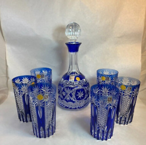 Vintage Italian Cobalt crystal cut to clear decanter & glasses set