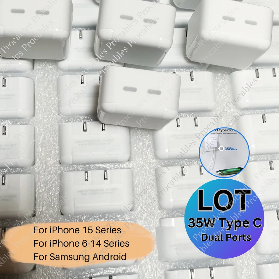 Lote Adaptador de Corriente USB-C Doble Tipo C 35W para iPhone 17 16 15 14 13 12 11 Pro Max Foto 1 de 4