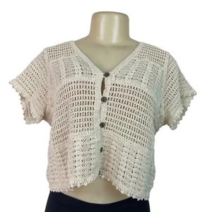 Ninety Clothing Co Knit Button-Front Short-Sleeve Cardigan Top Beige Size S - Picture 1 of 7