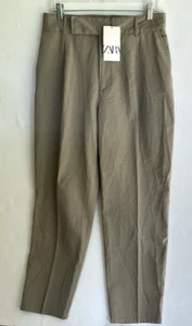 ZARA Pleated Chino Pants Women's LARGE Olive Hi-Waist Pleated Belt Loops Pockets - Picture 1 of 14