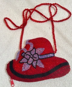 Red Hat Beaded Coin Purse Bag W Lavender Bow 6 7/8" x 4 7/8" Zippered - Picture 1 of 8