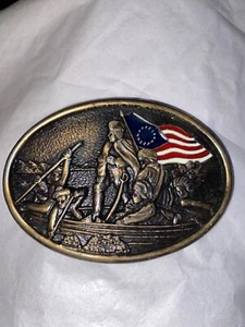 Vintage Brass Belt Buckle George Washington Crossing the Delaware w/ enamel flag - Picture 1 of 6