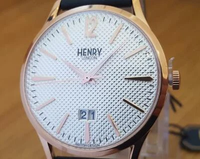 Mens Black Leather Henry London Richmond HL41-JS-0038 Rose-Gold Date Watch NEW - Imagem 1 de 4