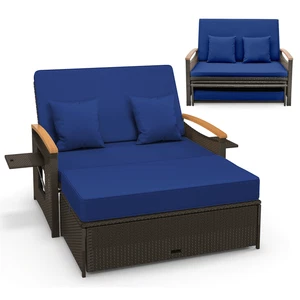 Outdoor Double Chaise Lounger Set w/ Cushioned Loveseat & Storage Ottoman Navy - Picture 1 of 10