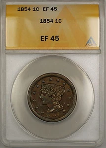 1854 Braided Hair Large Cent 1c Coin ANACS EF-45 PRX - Picture 1 of 2