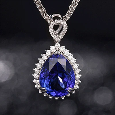 Hot Women Teardrop Swiss Blue Fire Topaz Gemstone Silver Charm Necklace Pendants - Image 1 of 4