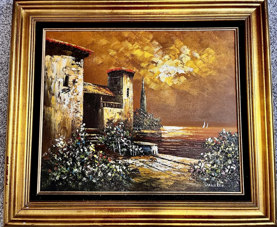 Daniello Italian Seashore Villa Sail Boats - Framed Oil Painting On Canvas - Image 1 of 4
