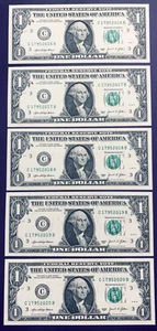 2016 -2020 Consecutive Year Notes One Dollar Bill Fancy Serial Lot of 5 - Picture 1 of 2