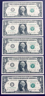 2016 -2020 Consecutive Year Notes One Dollar Bill Fancy Serial Lot of 5 - Image 1 of 2