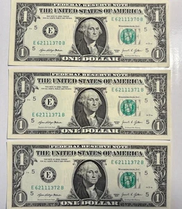 (3) 2021 ONE DOLLAR BILLS with SERIAL NUMBERS in Sequence w/ TRIPLE! - Picture 1 of 2