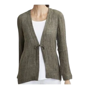 J Jill 100% Linen Jacket Pure Jill Krinkle Gauzy Tie Front Olive Green Size L - Picture 1 of 9