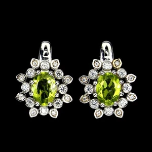 925 Sterling Silver Earrings Oval Peridot 8x6mm Simulated Cz Gemstone Jewelry - Picture 1 of 10