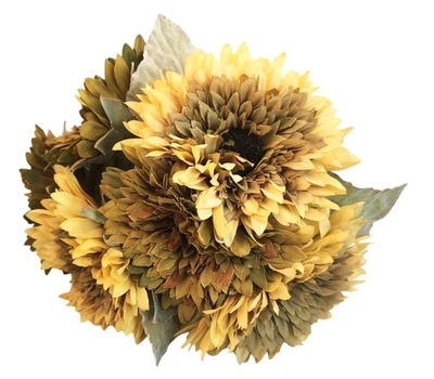 Ramo de girasol artificial amarillo mostaza y verde oliva realista imitación floral Foto 1 de 4