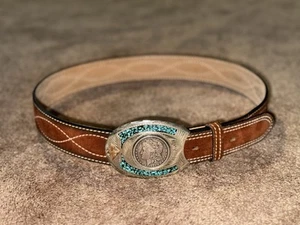 Silver Turquoise Silver Dollar Wil-Aren Belt Buckle Split Cowhide Made In USA 38 - Picture 1 of 10