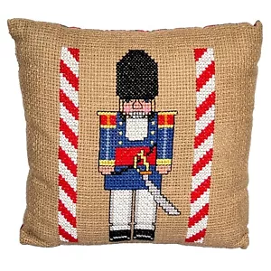 Vintage Cross Stitch Throw Pillow Christmas Nutcracker 12" Red Green Plaid Print - Picture 1 of 7