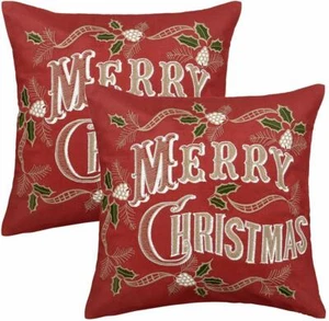 Merry Christmas Throw Pillow Case Covers Set Of 2 18x18 Embroidered Sofa Couch - Picture 1 of 12